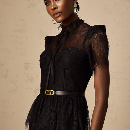 Harper Black Tied Bustier Midi Dress with Guipure Lace Panels and Peplum Waist