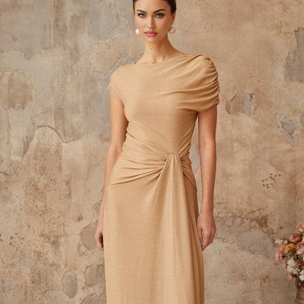 Harper Gold Maxi Dress with Metallic Threading and Pleated Twist Knot