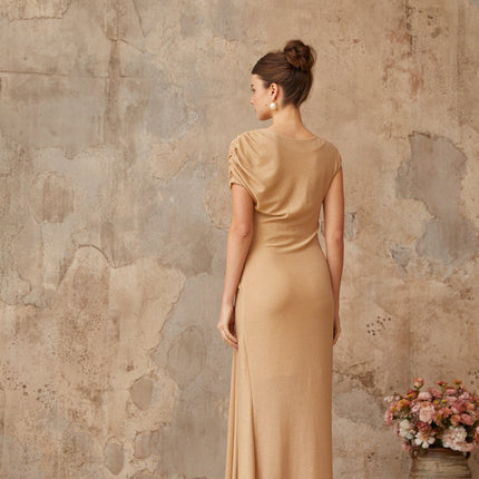 Harper Gold Maxi Dress Pleated Twist Knot Metallic Threading Crew Neck Short Sleeves Half Lining Draped Detailing Slip-On Style Terylene Fiber Floor-Length Silhouette