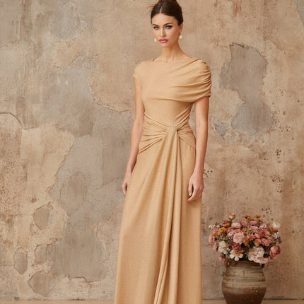 Harper Gold Maxi Dress with Metallic Threading and Twist Knot Detailing