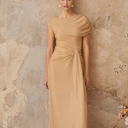 Harper Gold Maxi Dress with Metallic Threading and Pleated Twist Knot