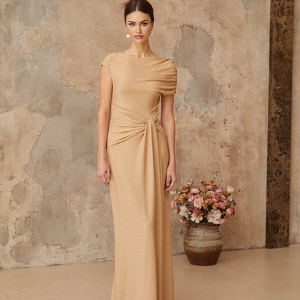 Harper Gold Maxi Dress Pleated Twist Knot Metallic Threading Crew Neck Short Sleeves Half Lining Draped Detailing Slip-On Style Terylene Fiber Floor-Length Silhouette Elegant Sophisticated Glamour
