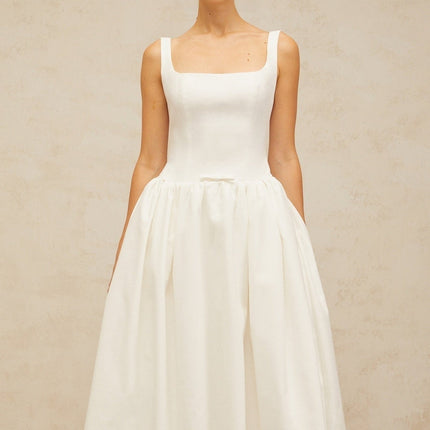 Harper White Square Neck Midi Dress Terylene Fiber Bow Detail Cinched Waist Flounce Hem Zip Fastening