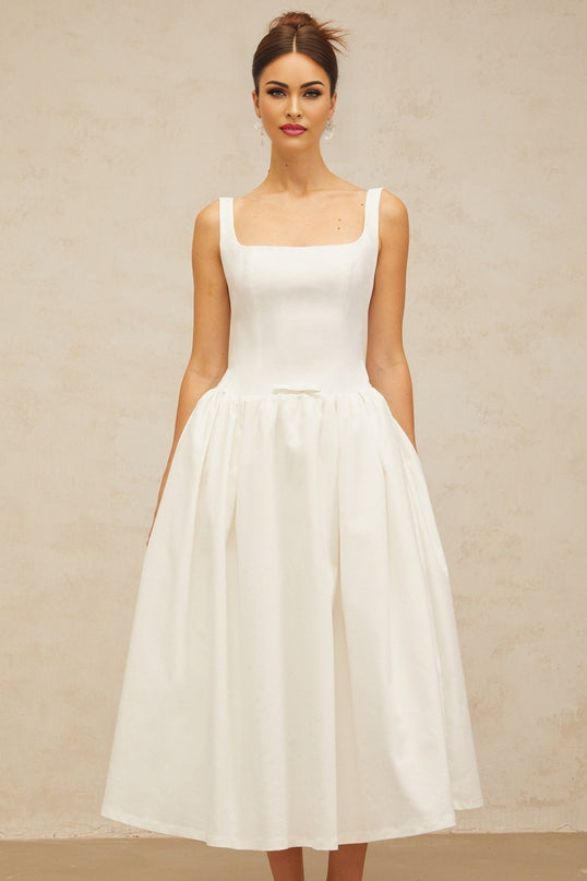 Harper White Square Neck Midi Dress Terylene Fiber Bow Detail Cinched Waist Flounce Hem Zip Fastening