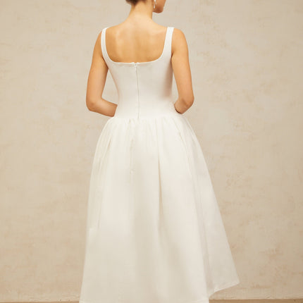 Harper White Midi Dress with Bow Detailing and Flounce Hem