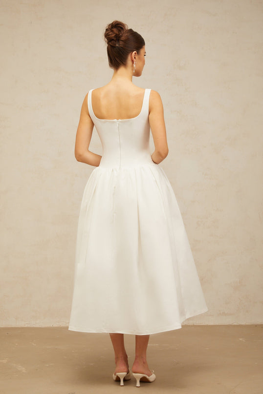 Harper White Midi Dress with Bow Detailing and Flounce Hem