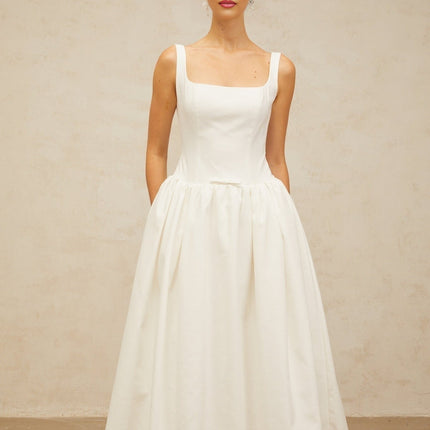 Harper White Square Neck Midi Dress with Bow Detailing