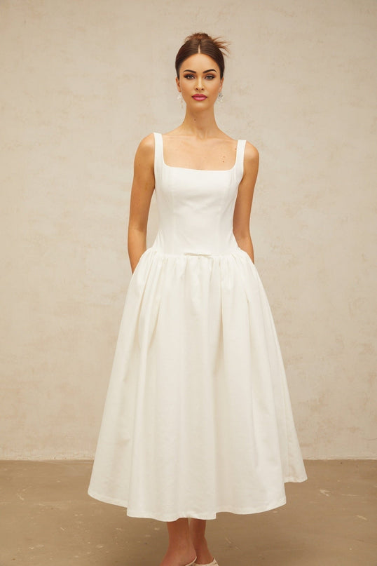 Harper White Square Neck Midi Dress with Bow Detailing