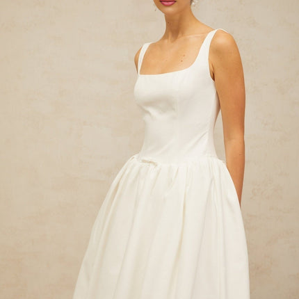 Harper White Square Neck Midi Dress with Bow Detailing and Flounce Hem