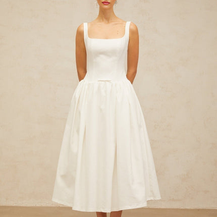 Harper White Square Neck Bow Detail Midi Dress