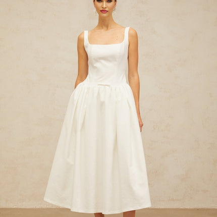 Harper White Square Neck Bow Detail Midi Dress