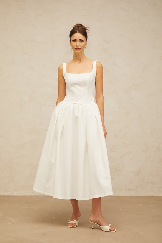 Harper White Square Neck Bow Detail Midi Dress