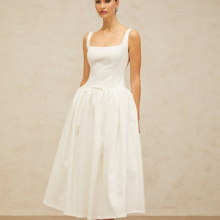 Harper White Square Neck Bow Detail Midi Dress