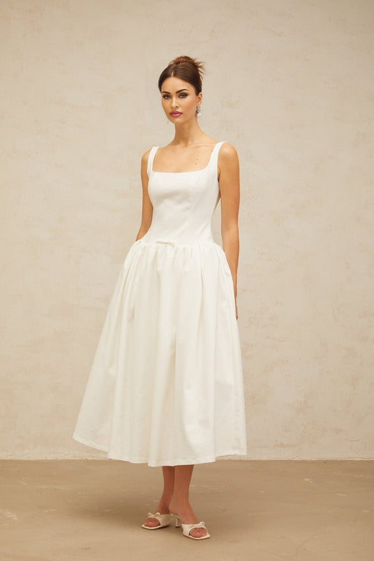 Harper White Square Neck Bow Detail Midi Dress