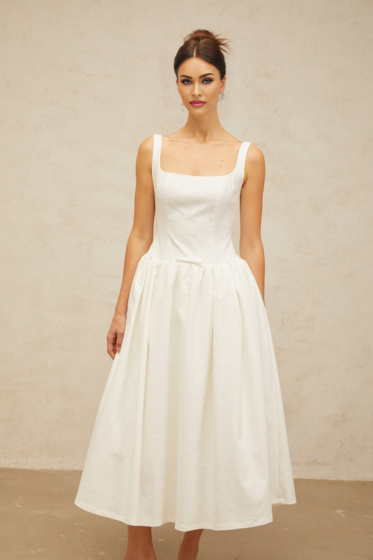 Harper White Square Neck Bow Detail Midi Dress