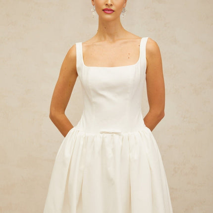 Harper White Square Neck Sleeveless Midi Dress with Bow Detailing and Flounce Hem
