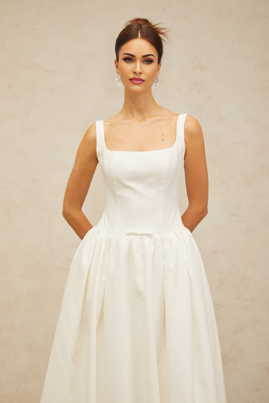 Harper White Square Neck Sleeveless Midi Dress with Bow Detailing and Flounce Hem