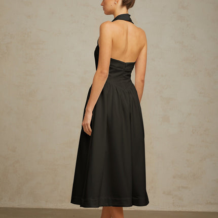 Hattie Black Halterneck Midi Dress with Open Back and Pleated Detailing