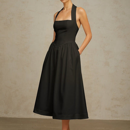 Hattie Black Halterneck Midi Dress with Open Back and Pleated Detailing