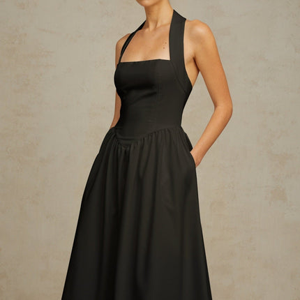 Hattie Black Halterneck Pleated Midi Dress