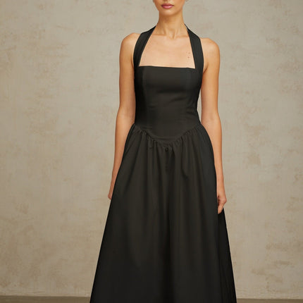 Hattie Black Halterneck Pleated Midi Dress