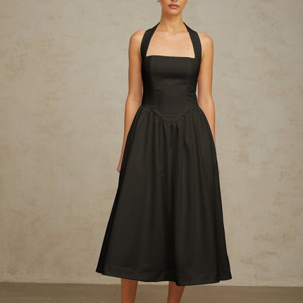 Hattie Black Halterneck Pleated Midi Dress