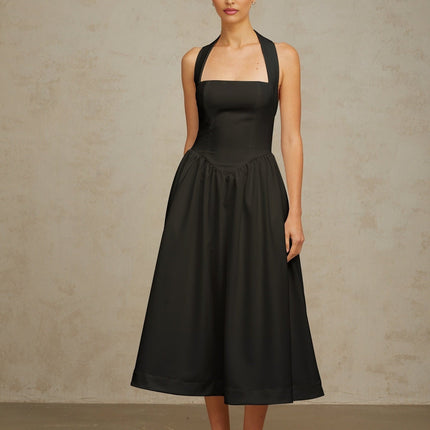 Hattie Black Halterneck Pleated Midi Dress