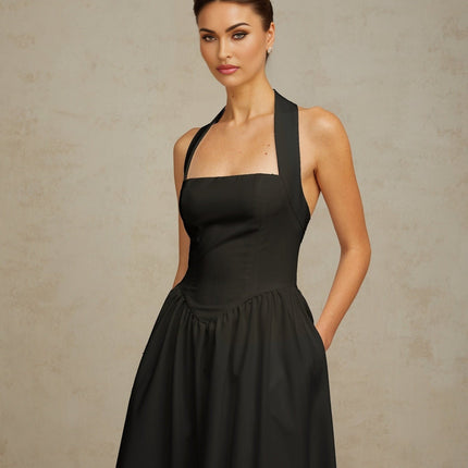 Hattie Black Halterneck Pleated Midi Dress with Open Back Design