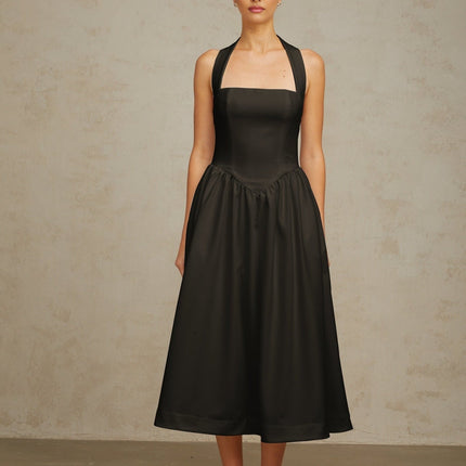 Hattie Black Halterneck Midi Dress with Open Back Design and Pleated Detailing