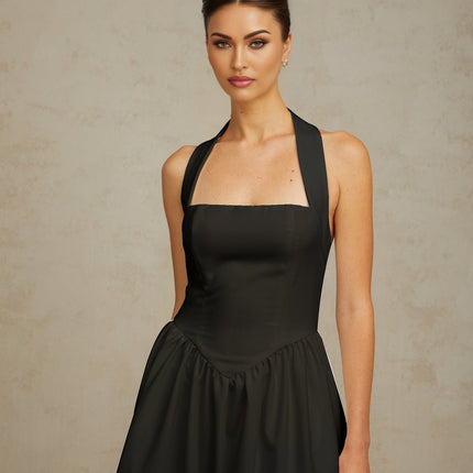 Hattie Black Halterneck Midi Dress with Open Back Design and Pleated Detailing
