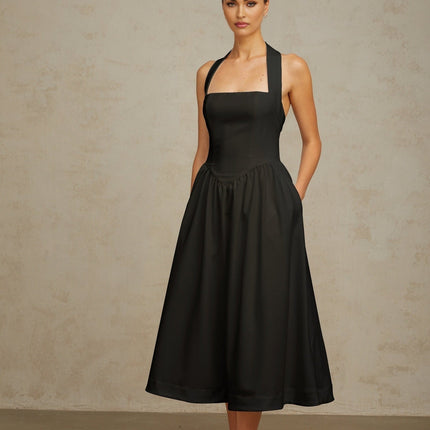 Hattie Black Halterneck Midi Dress with Open Back and Pleated Detailing