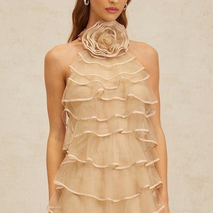 Hattie Neutrals Halterneck 3D-Petal Ruffled Mini Dress