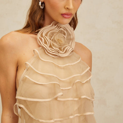 Hattie Neutrals Halterneck Layered Mini Dress 3D Petal Ruffle Detail Terylene Fiber