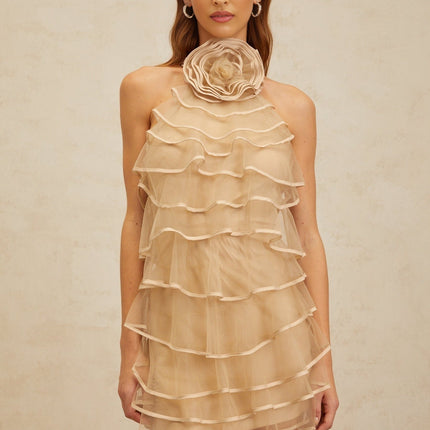 Hattie Neutrals Layered 3D-Petal Ruffled Mini Dress