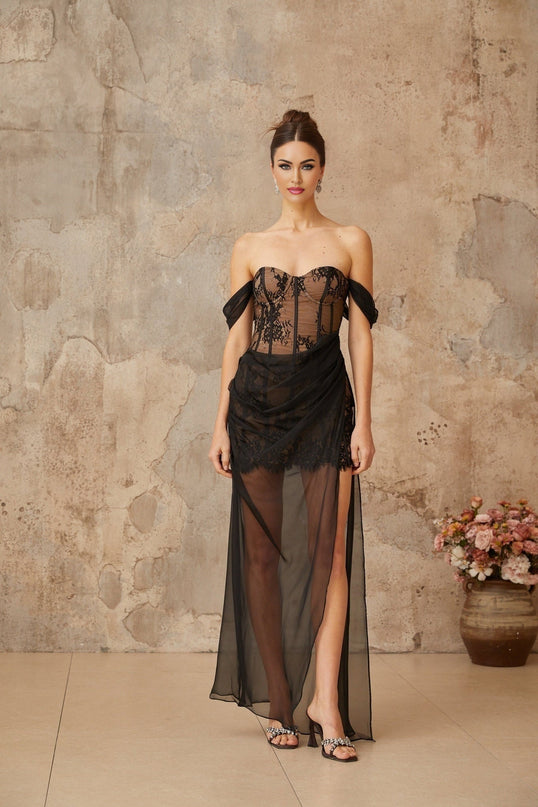 Haven Black Corset Maxi Dress with Floral Lace Detailing and Side Slit