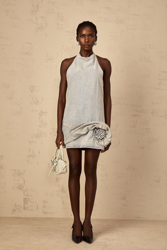 Hazel Blue Denim Floral Appliqué Mini Dress