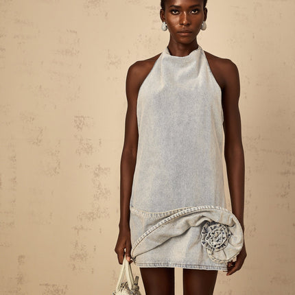 Hazel Mini Dress in Light Blue Denim with Floral Appliqué and Twist Detailing
