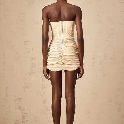 Hazel in Neutrals Sequin Strapless Mini Dress Boned Ruched Corset Off-the-shoulder Panelled Rear zip Thigh-length Terylene fiber