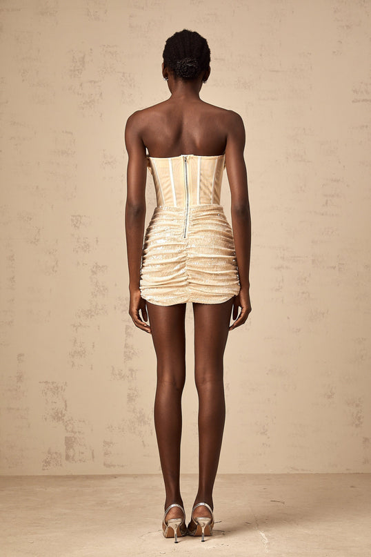 Hazel in Neutrals Sequin Strapless Mini Dress Boned Ruched Corset Off-the-shoulder Panelled Rear zip Thigh-length Terylene fiber