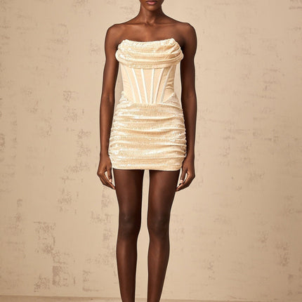 Hazel wearing Neutrals Strapless Mini Dress with Sequin embellishment and Boned bodice