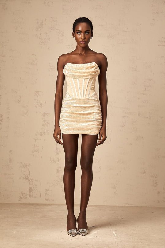 Hazel wearing Neutrals Strapless Mini Dress with Sequin embellishment and Boned bodice