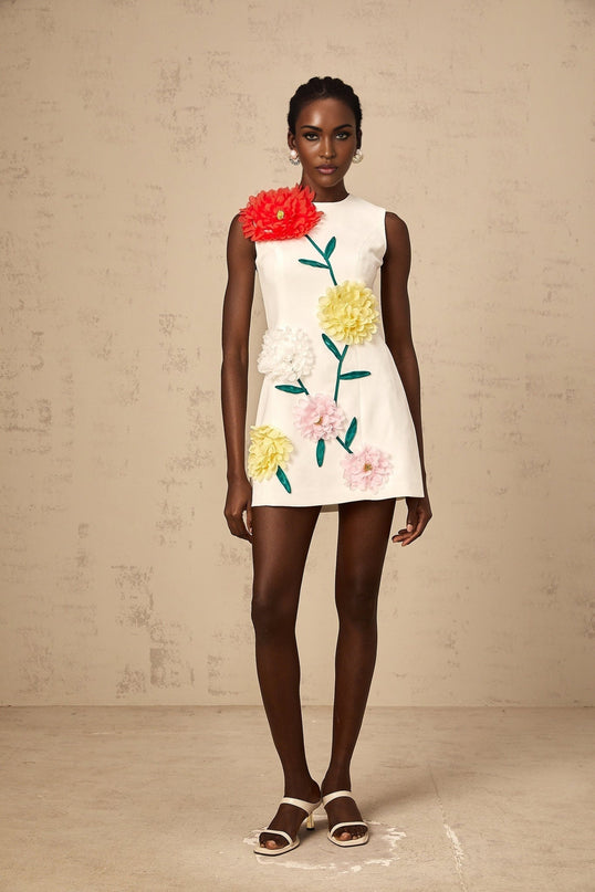 Hazel White 3D Petal Detail Sleeveless Mini Dress
