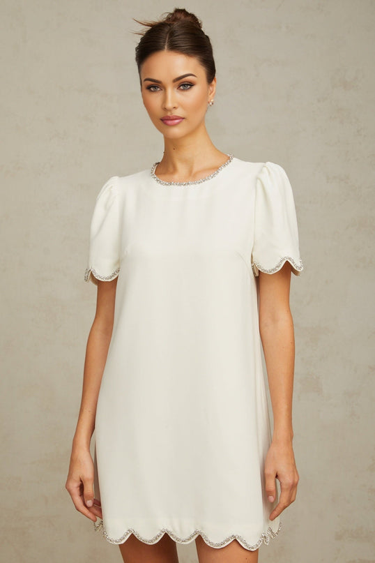 Hazel White Crystal Embellished Mini Dress with Scallop Hem
