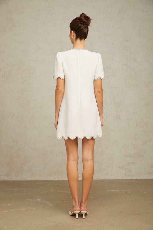 Hazel White Crystal Embellished Scallop Hem Mini Dress
