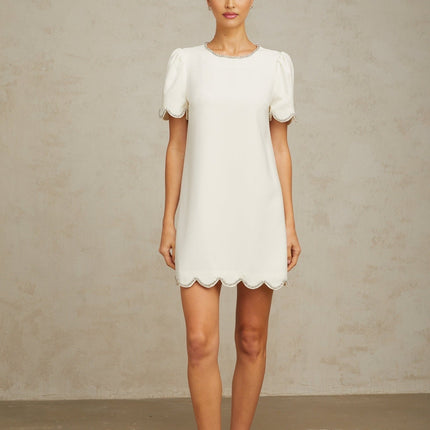Hazel White Crystal Embellished Scallop Hem Mini Dress