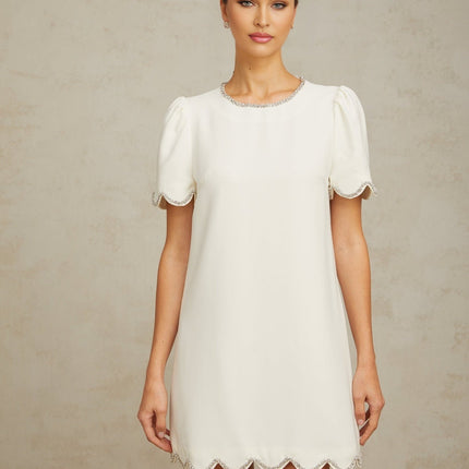 Hazel White Crystal Embellished Scallop Hem Mini Dress