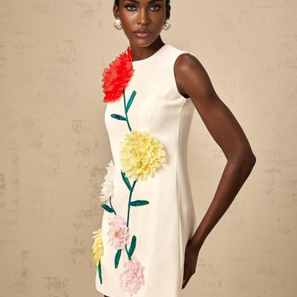 Hazel White Sleeveless Mini Dress with 3D Petal Detailing