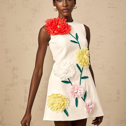 Hazel White Sleeveless Mini Dress with 3D Petal Detailing