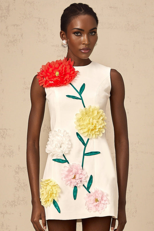Hazel White Sleeveless Mini Dress with 3D Petal Detailing