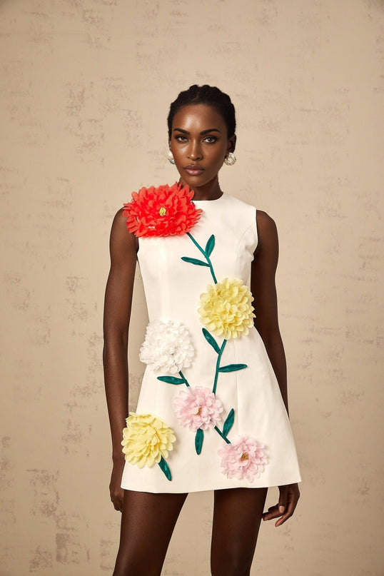 Hazel White Mini Dress with 3D Petal Detailing